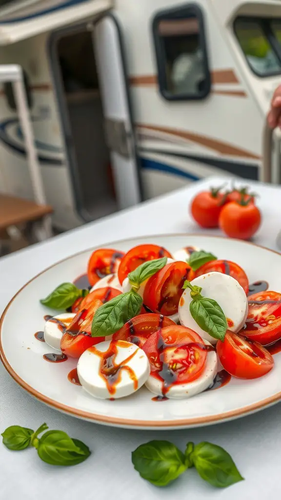 A delicious Caprese salad with tomatoes, mozzarella, and basil, drizzled with balsamic glaze, set outside an RV.