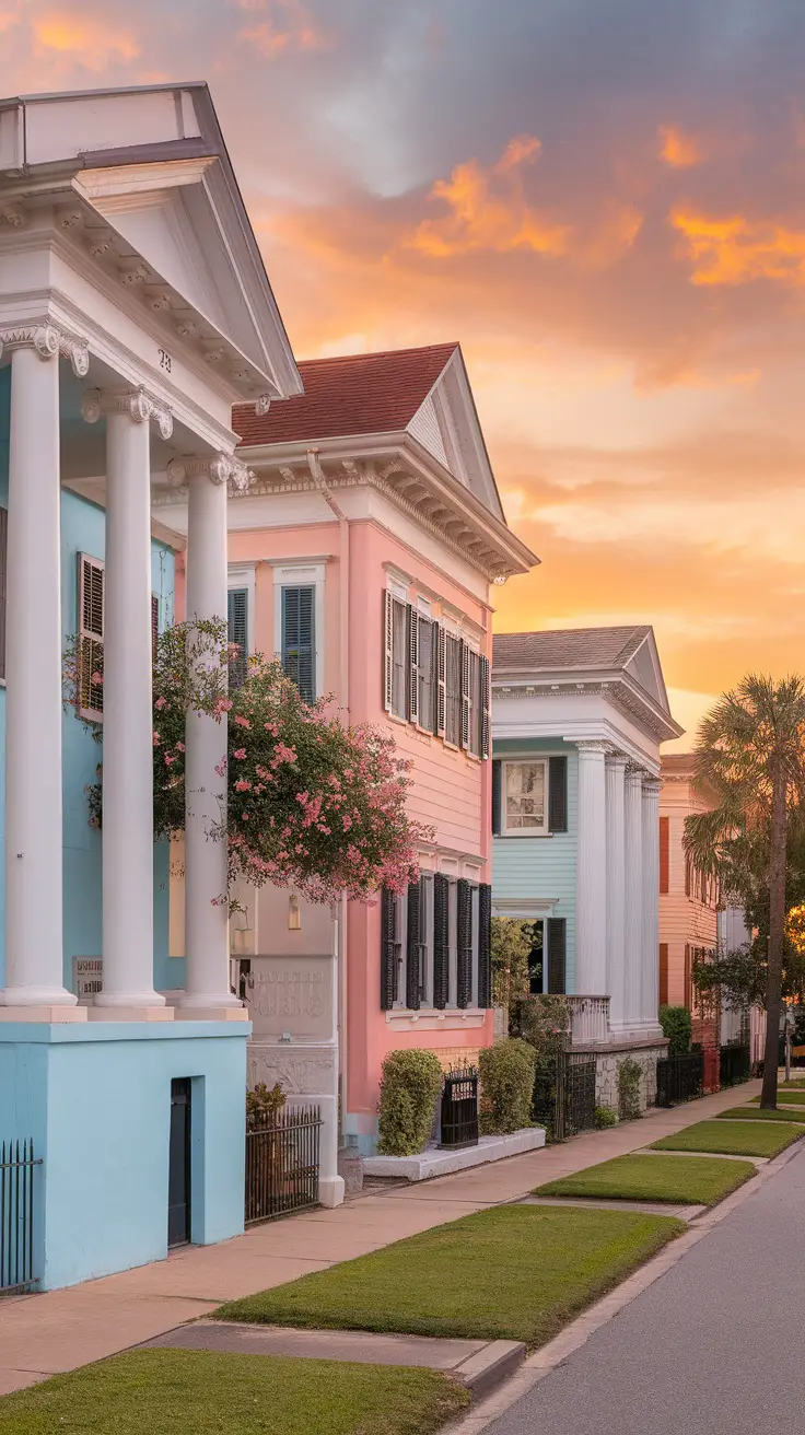 A picturesque street in Charleston during sunset, featuring flowers, palm trees, and classic Southern homes.