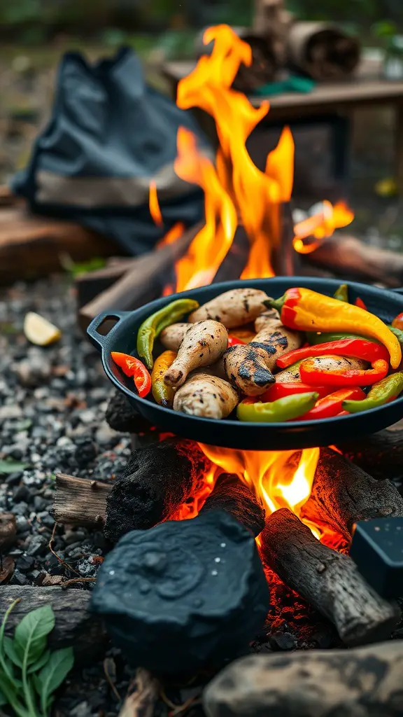 Chicken fajitas with colorful peppers sizzling in a skillet over a campfire.