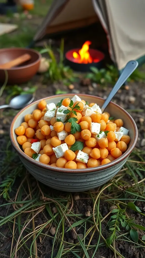 A bowl of chickpea salad with feta, garnished with parsley.