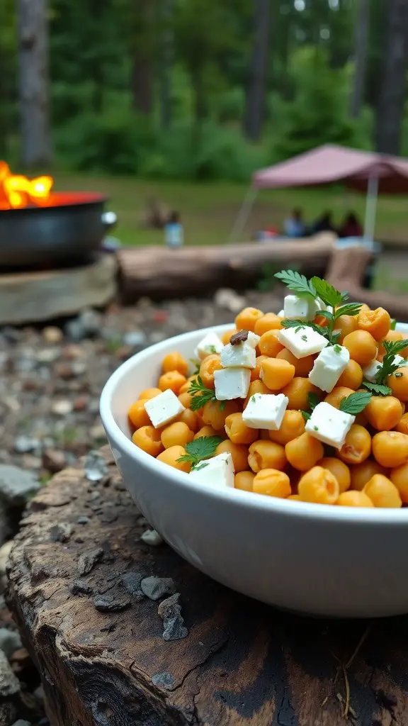 A refreshing chickpea salad featuring feta cheese, vegetables, and garnished with herbs.