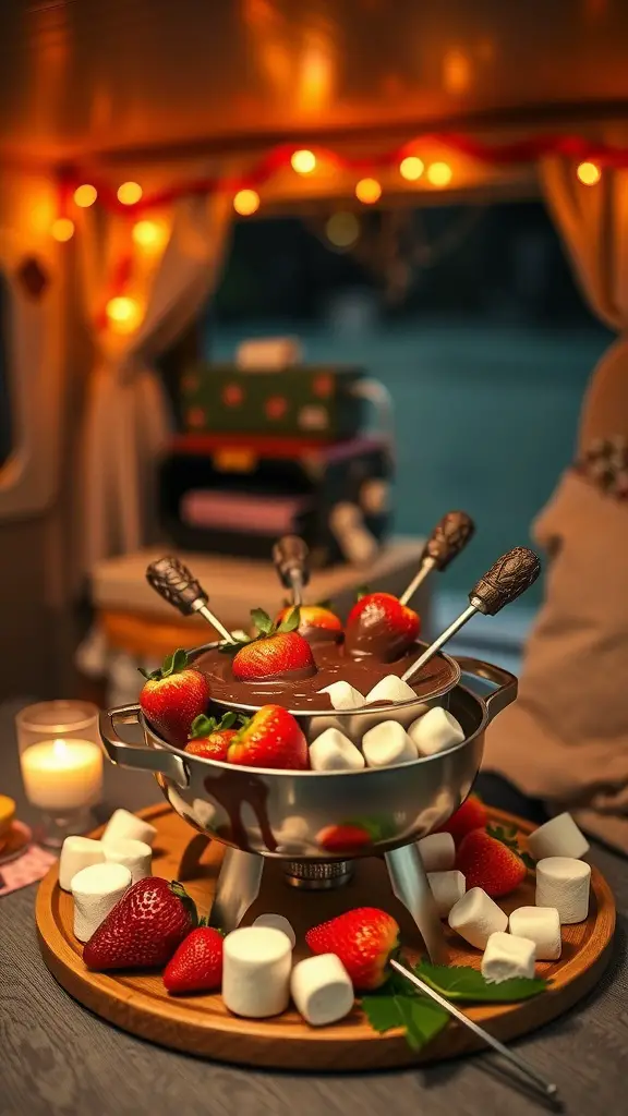 A cozy setup for chocolate fondue with strawberries and marshmallows in an RV.