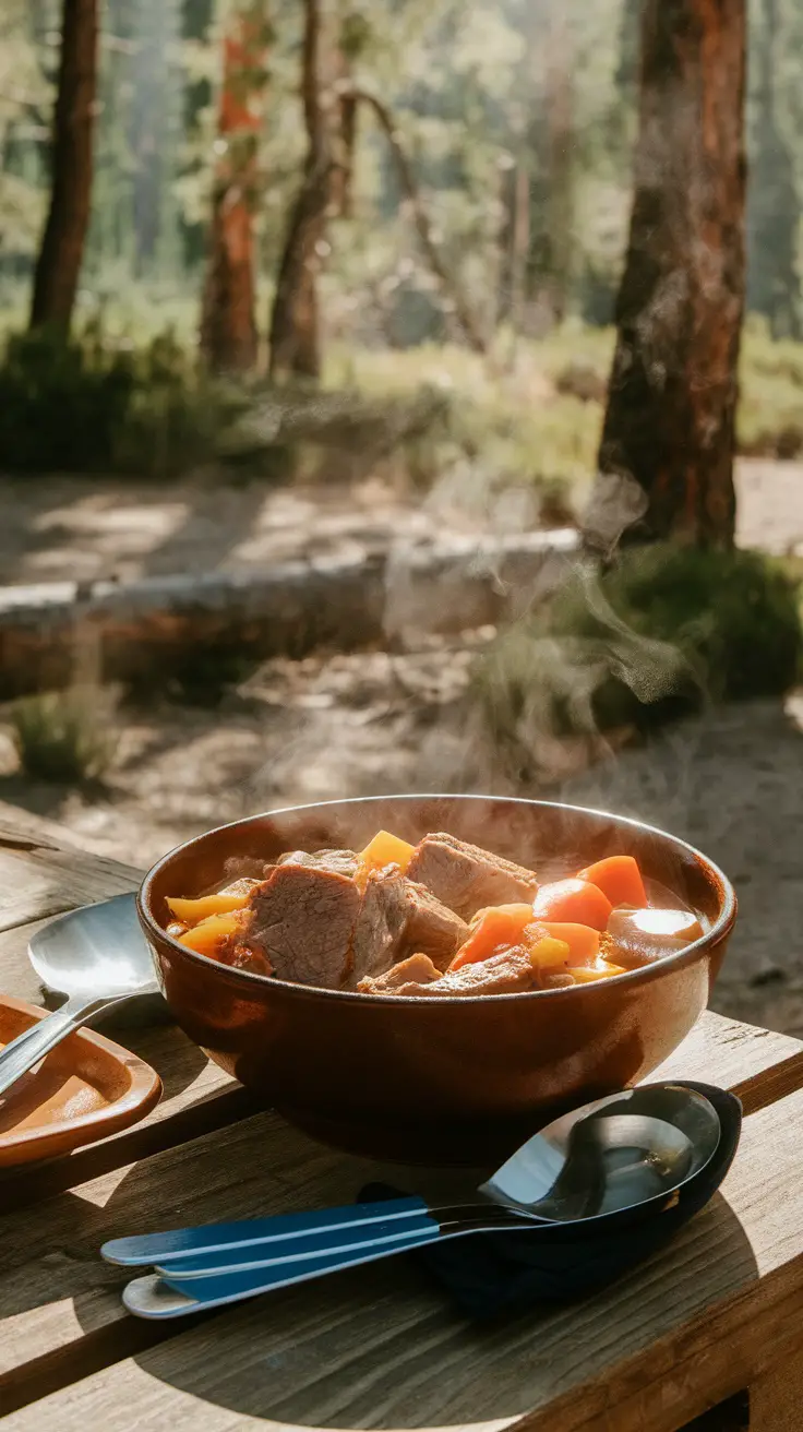 A hearty bowl of beef and vegetable stew in a camping setting.