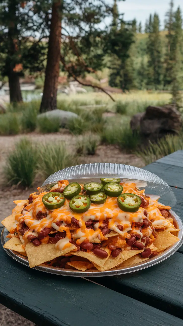 Classic campfire nachos with cheese, beans, and jalapeños