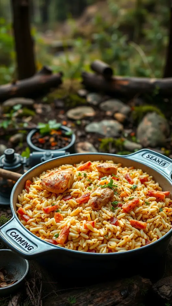 A hearty chicken and rice casserole prepared for camping.