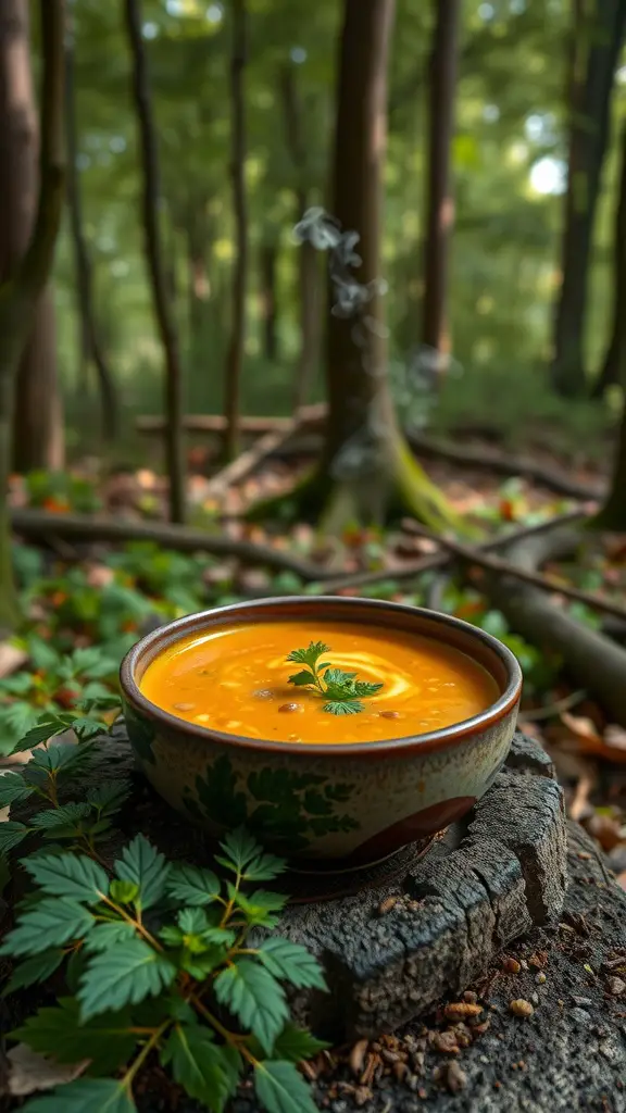 Coconut curry lentil soup served in a rustic bowl, garnished with cilantro