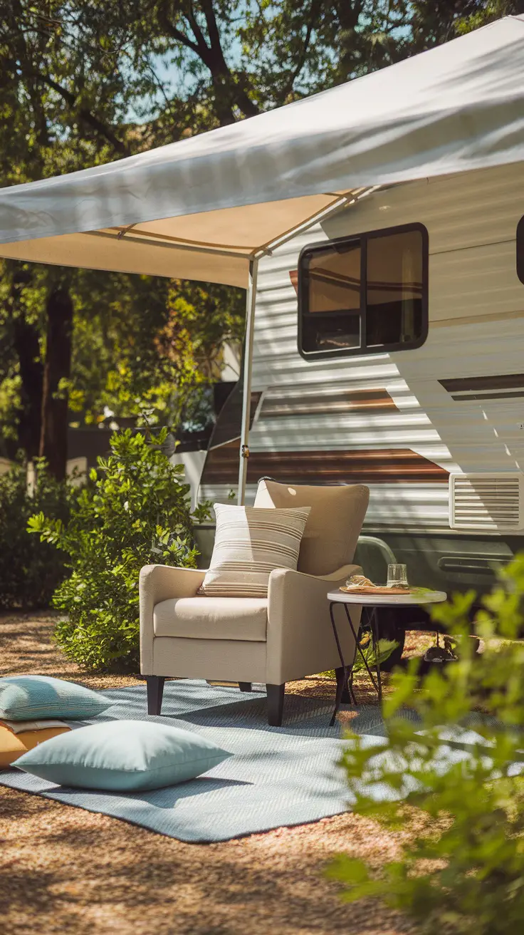 Cozy outdoor lounge area with two chairs, a table, and a canopy