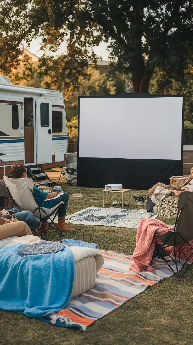 Cozy outdoor movie setup with a large screen, string lights, cushions, and blankets in an evening setting.