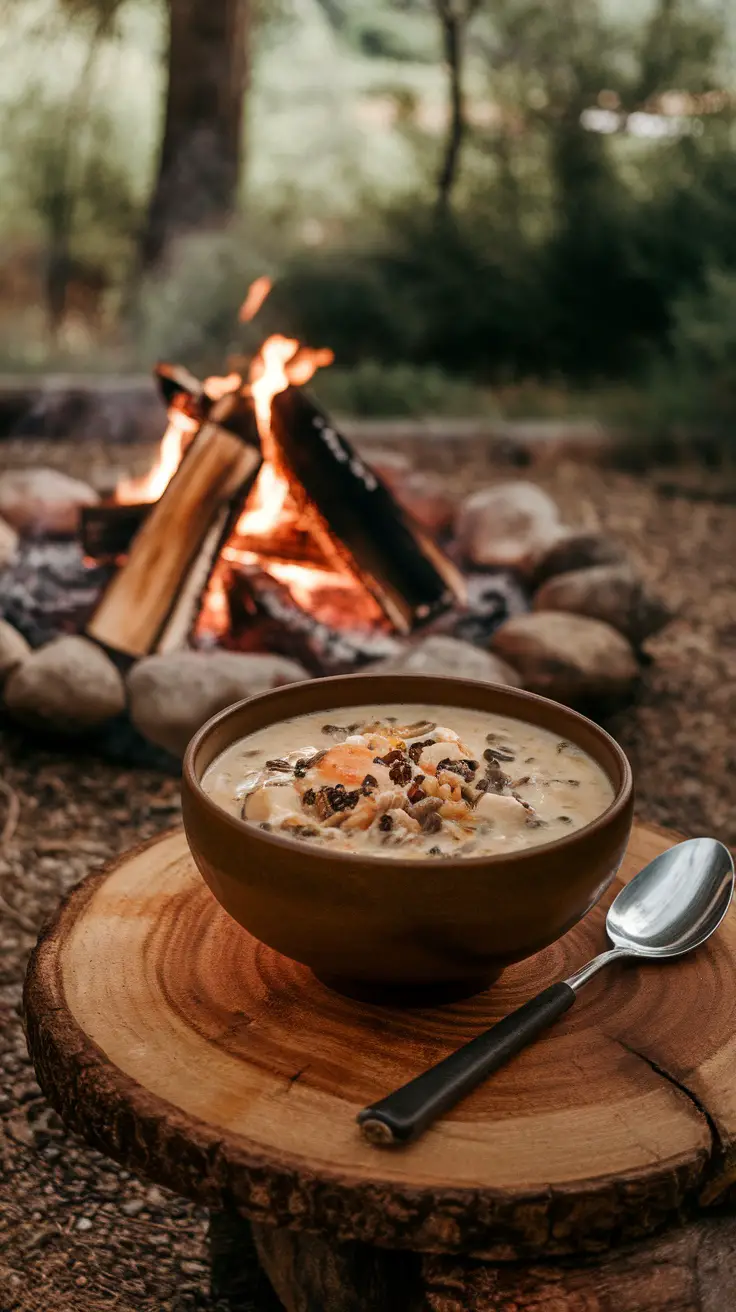 A bowl of creamy chicken and wild rice soup on a wooden surface next to a campfire