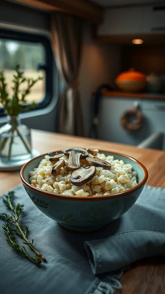 A bowl of creamy mushroom risotto garnished with mushrooms, set on a table in an RV kitchen.