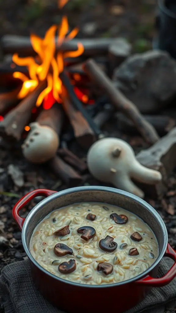 A pot of creamy mushroom risotto cooking over a campfire.