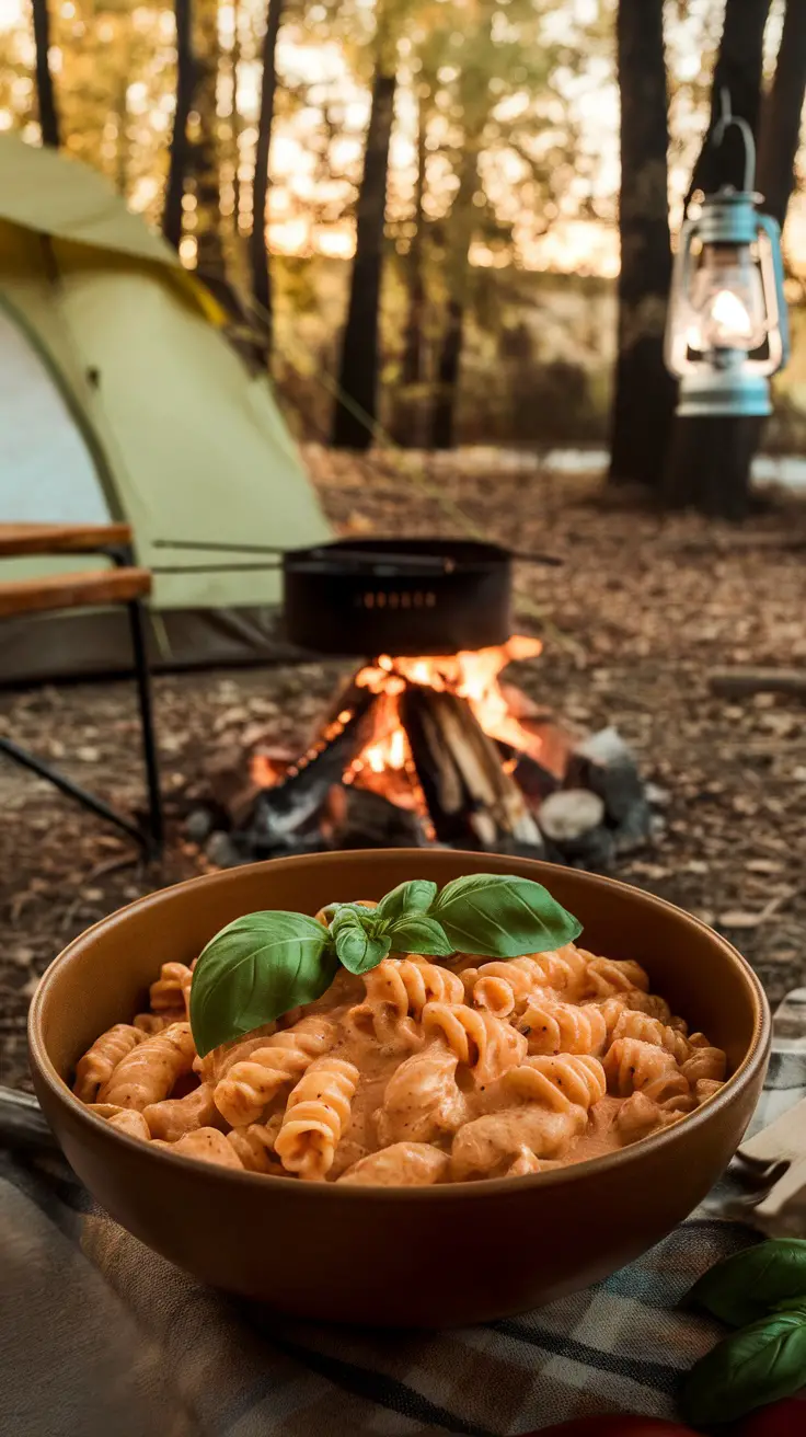 A delicious bowl of creamy tomato basil pasta, perfect for camping.