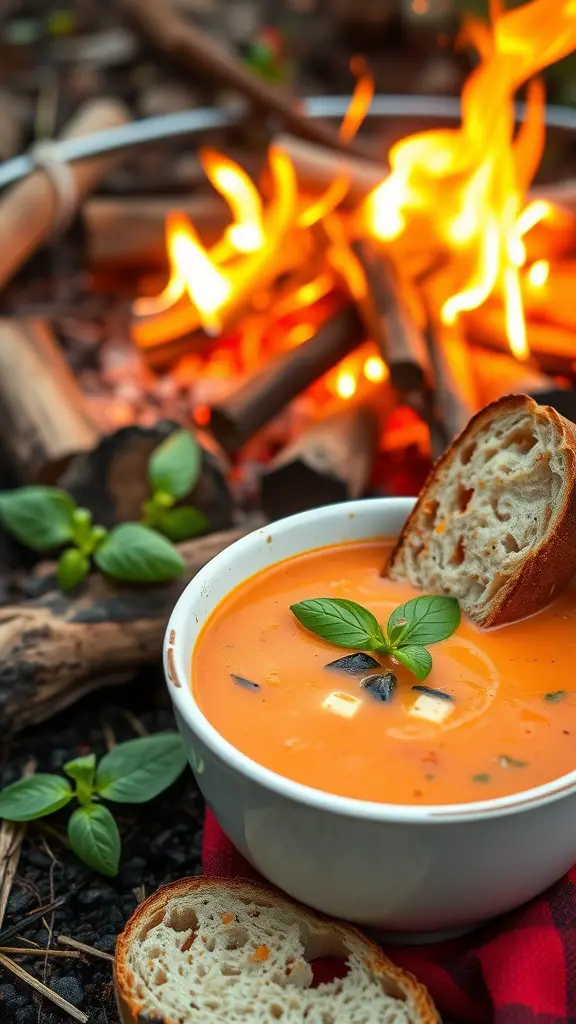 A creamy tomato basil soup served with bread, set against a warm campfire background.