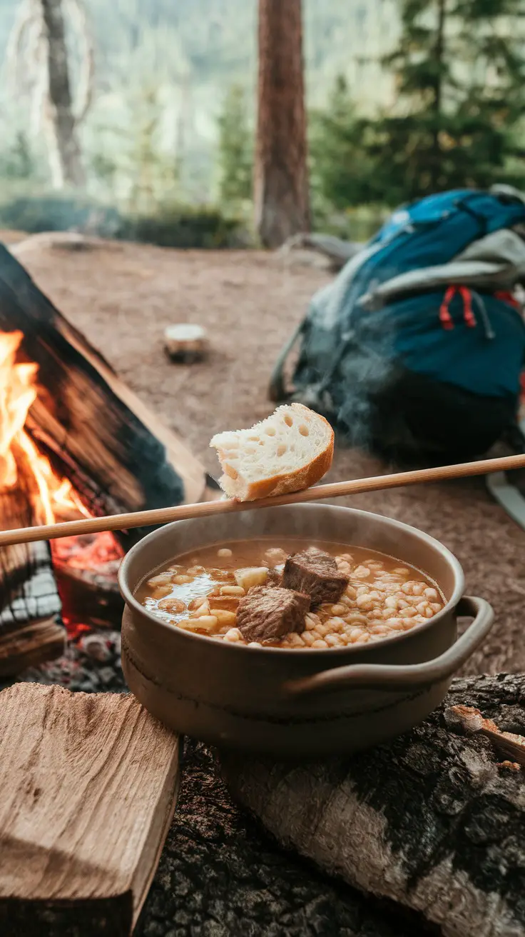 A bowl of hearty beef and barley soup, perfect for camping.