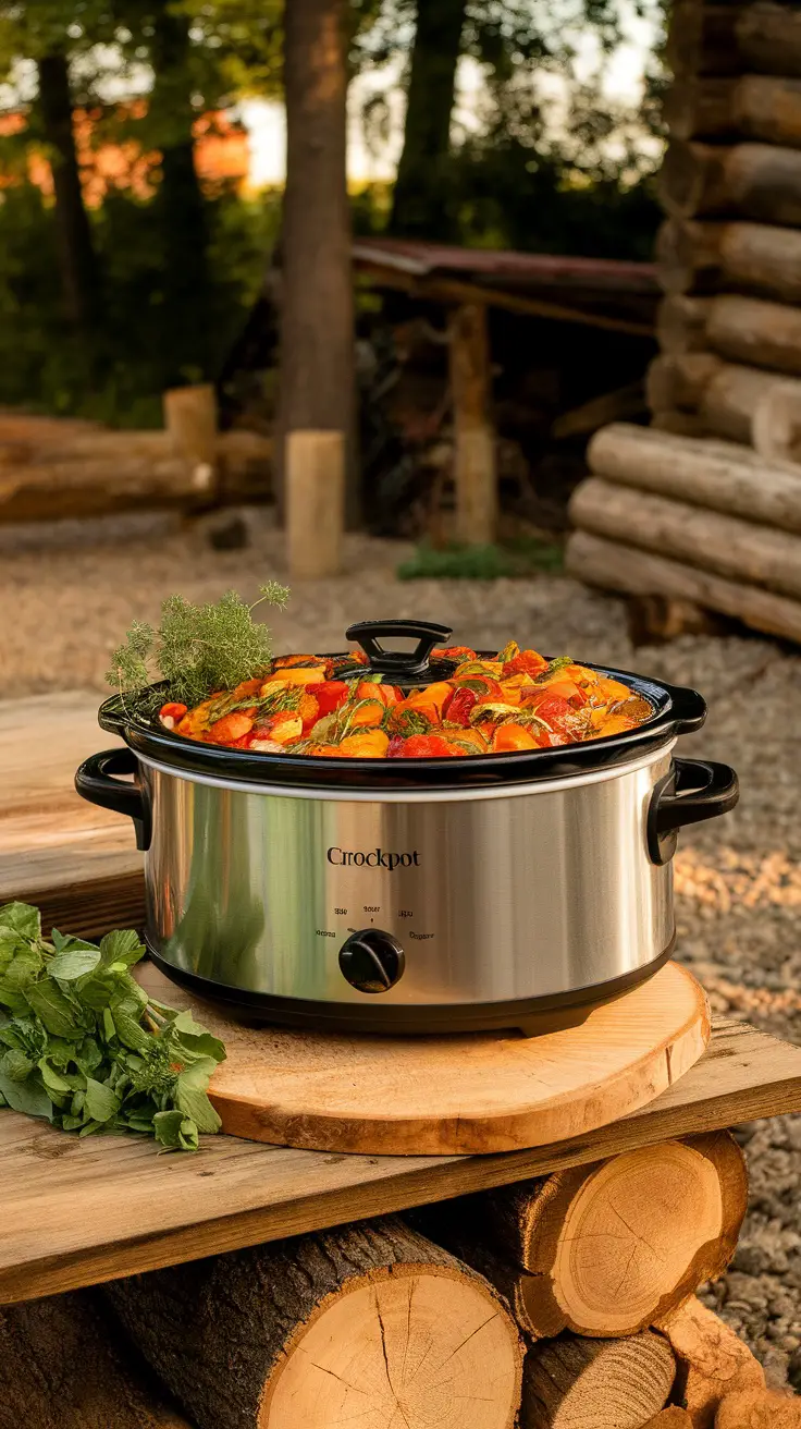 A delicious crockpot dish filled with colorful vegetables, ready for a camping meal.