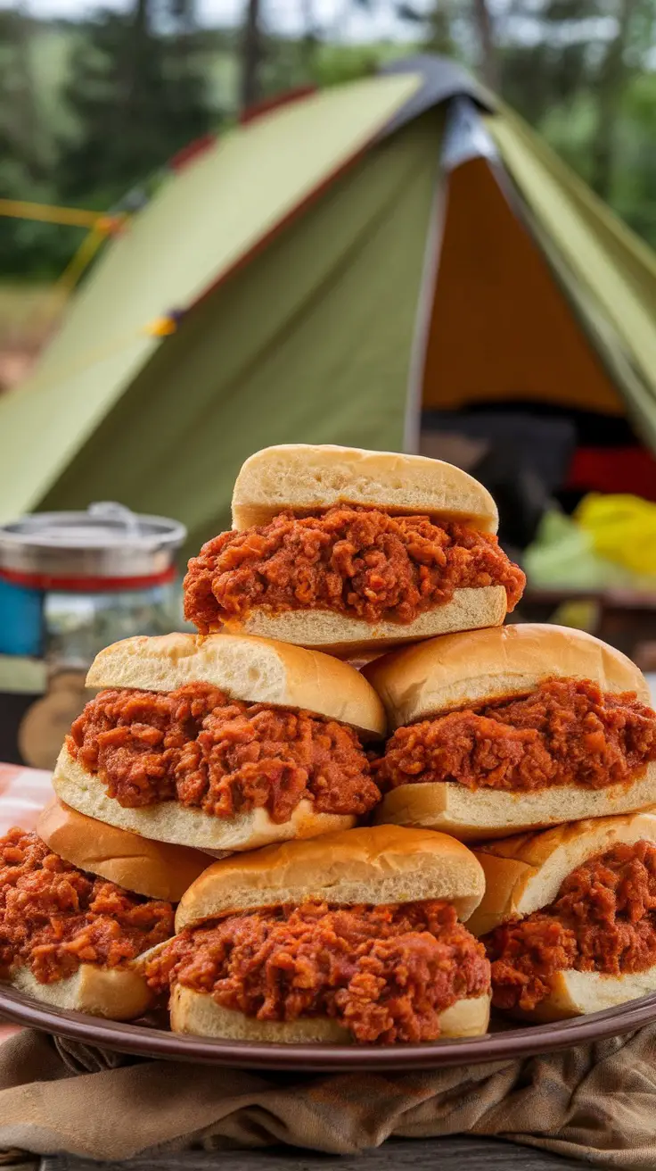 A stack of Sloppy Joe sandwiches ready to be served at a camping site.