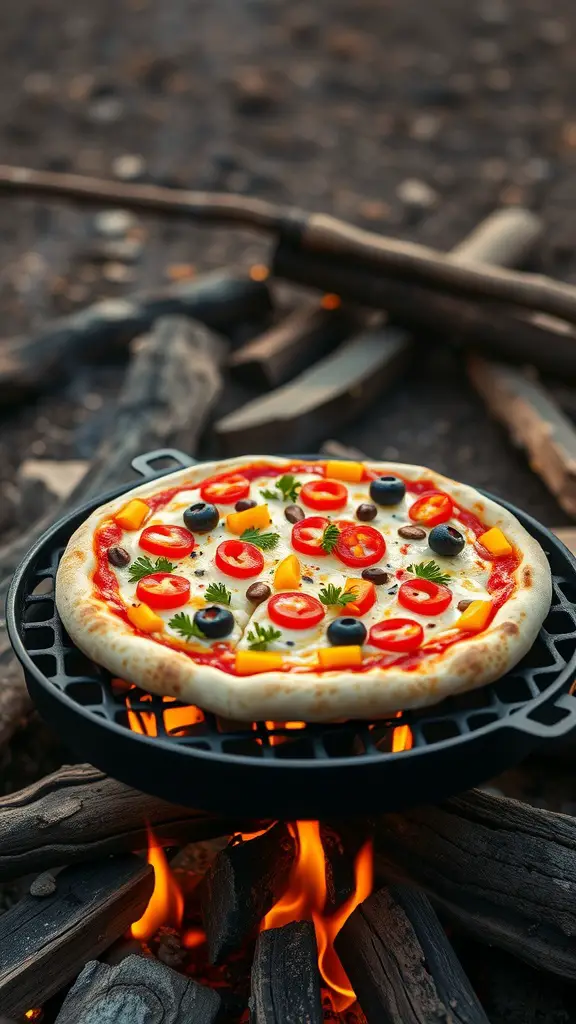 Campfire pizza with colorful toppings cooking over an open flame.