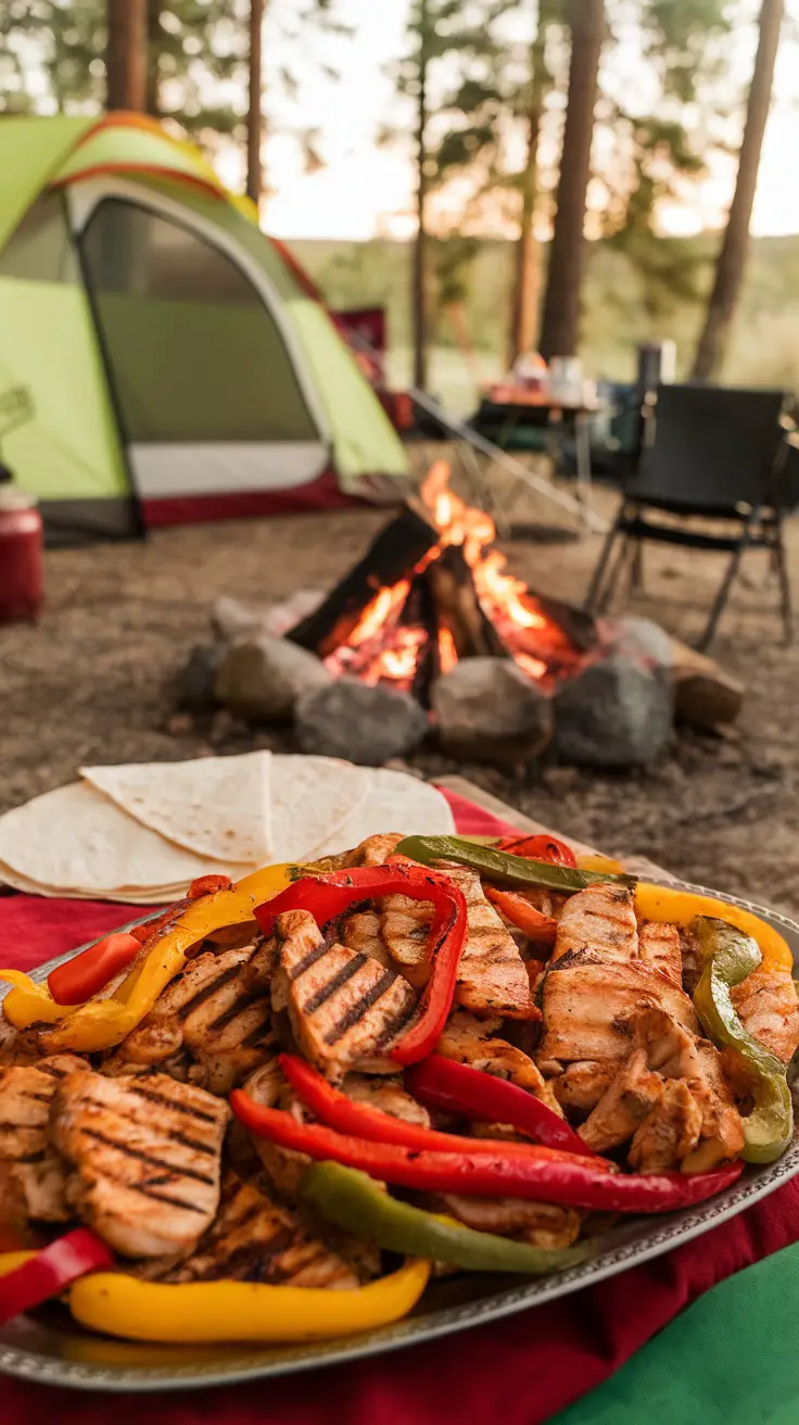 A plate of grilled chicken and colorful bell peppers, ideal for making fajitas at a campsite.