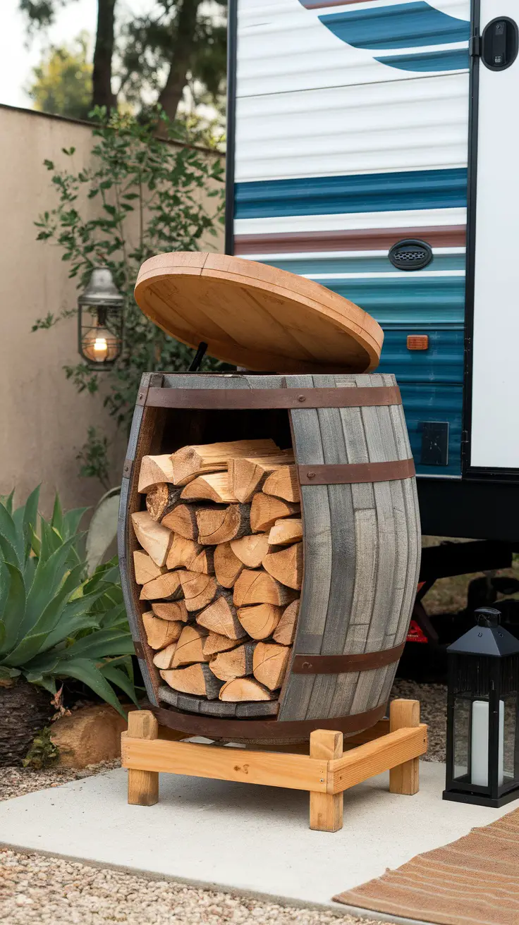 Wooden firewood storage box beside an RV filled with neatly stacked firewood.