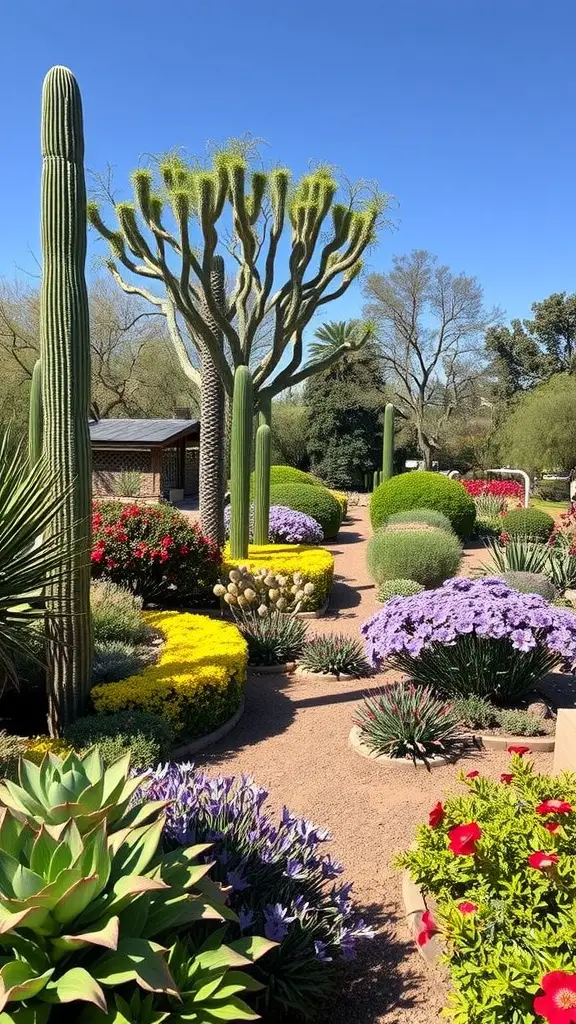 Pathway lined with colorful flowers and cacti at Tucson Botanical Gardens