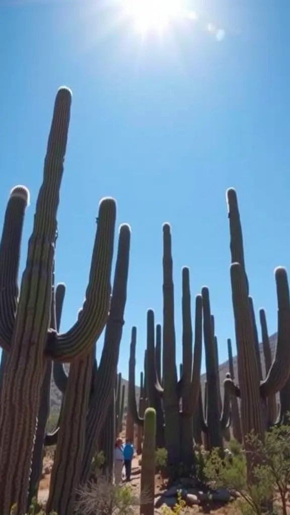 A sunny day in Saguaro National Park with towering saguaro cacti