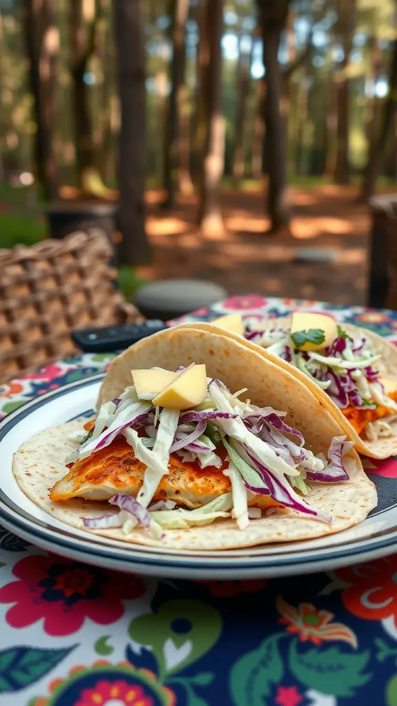 A delicious plate of fish tacos with cabbage slaw.