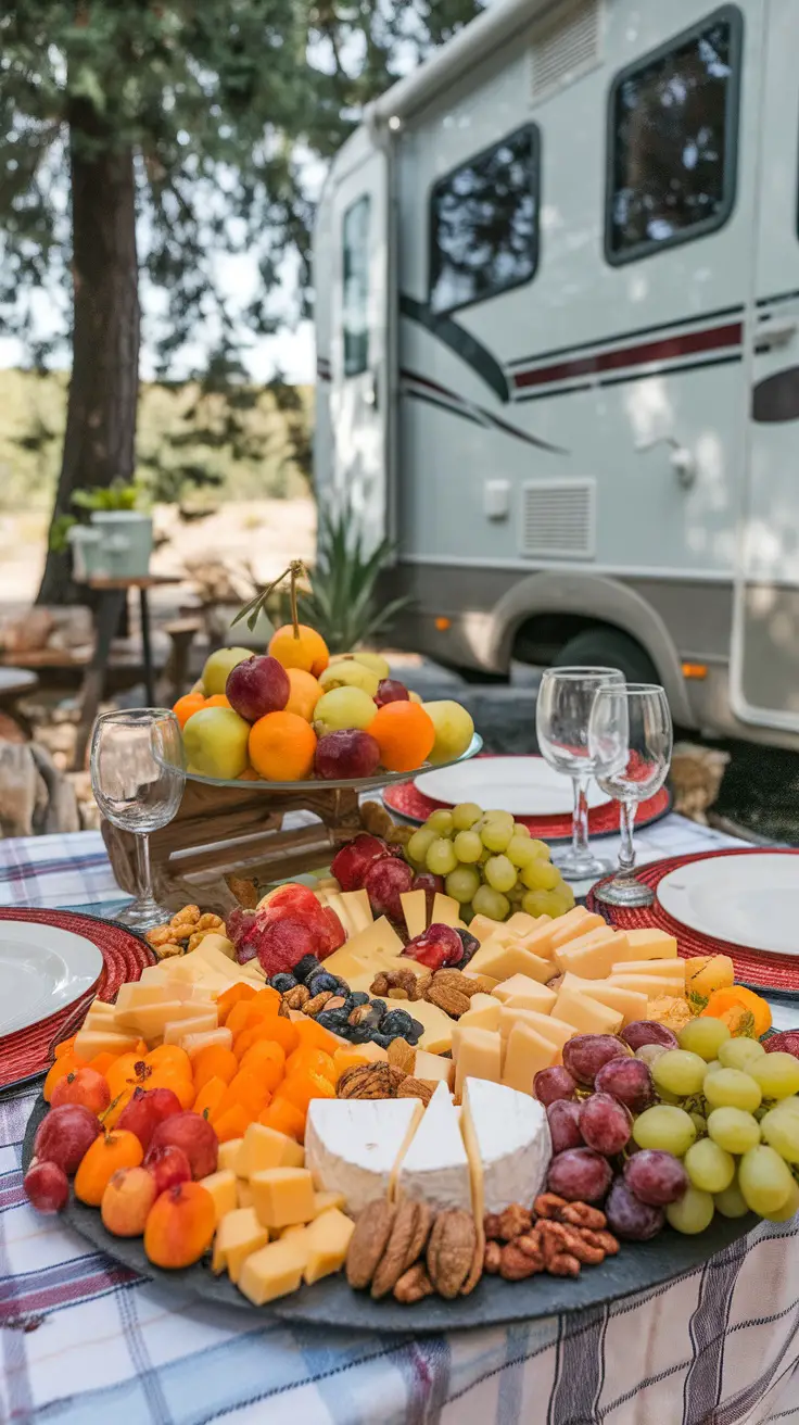 A fruit and cheese platter with a variety of fresh fruits and cheeses on a picnic table beside an RV.