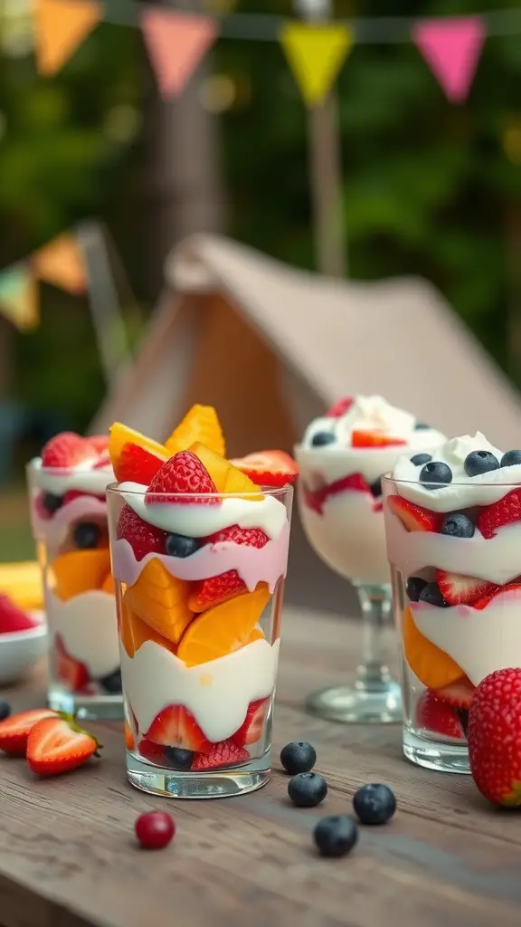 Delicious fruit and yogurt parfaits in glasses, perfect for camping.