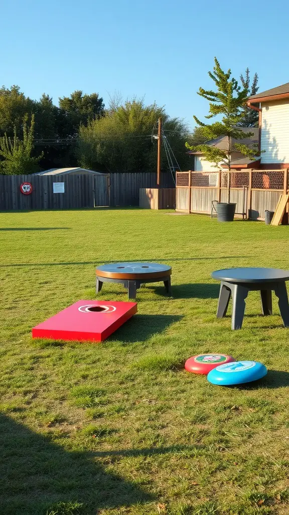 Games area with cornhole and colorful discs on a green lawn