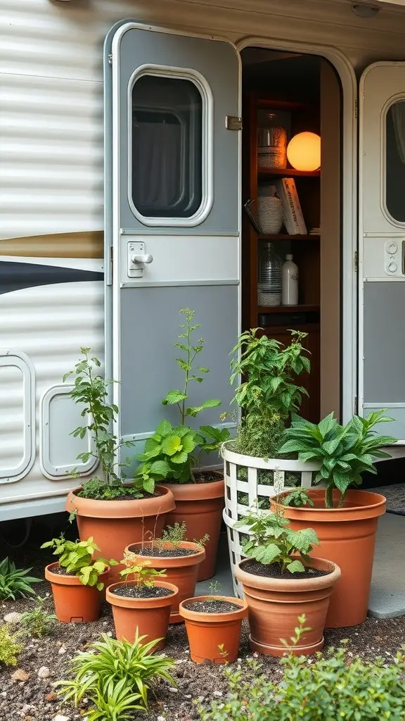 A cozy gardening corner outside an RV featuring various pots with fresh herbs.