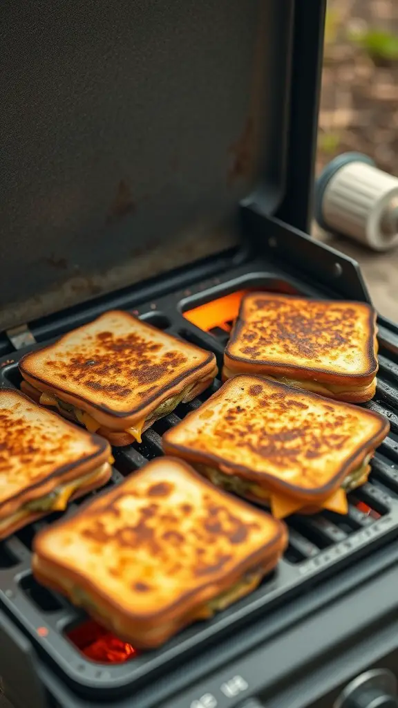 Delicious grilled cheese sandwiches cooking on a grill.