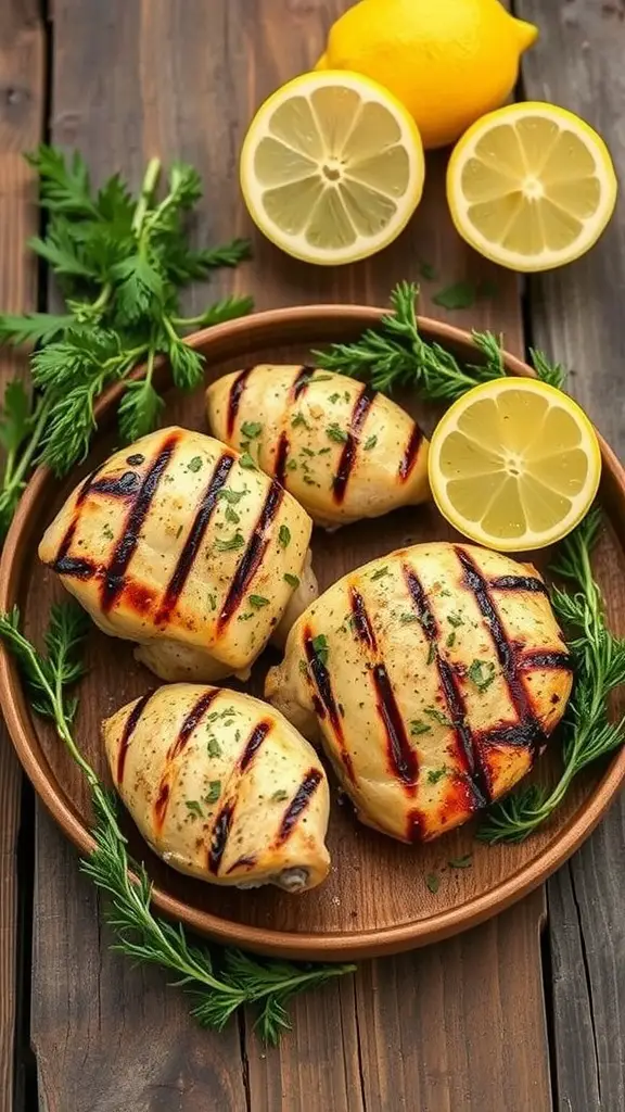 Grilled lemon herb chicken on a wooden plate with lemon slices and herbs.