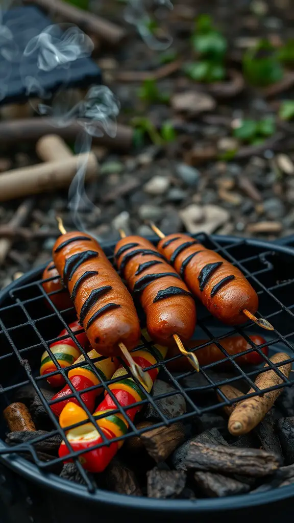 Grilled sausage and veggie skewers sizzling on a grill