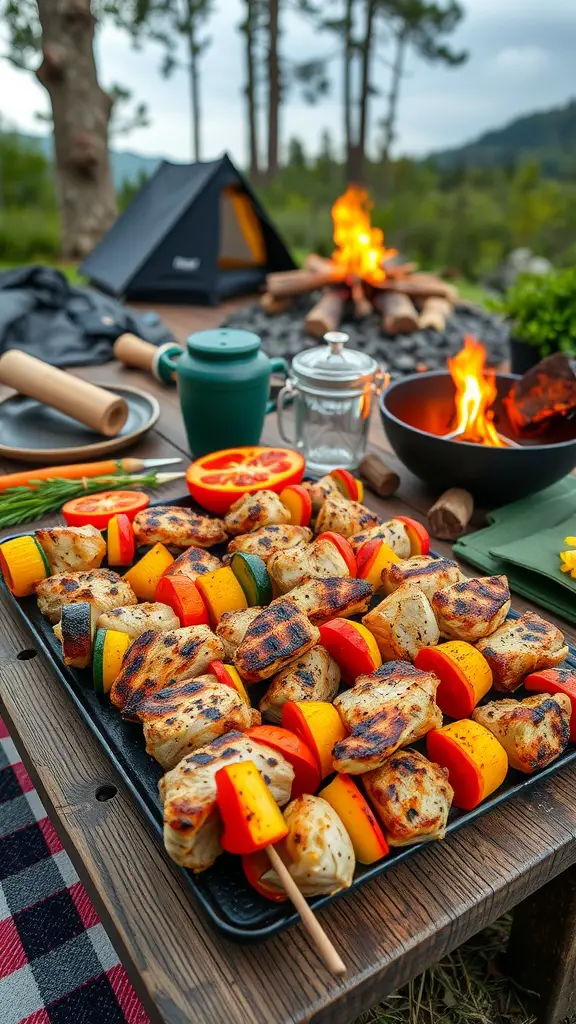 Delicious grilled chicken and vegetable skewers perfect for camping