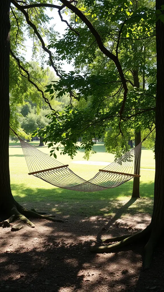 A hammock hanging between two trees in a lush green area, surrounded by sunlight and leaves.