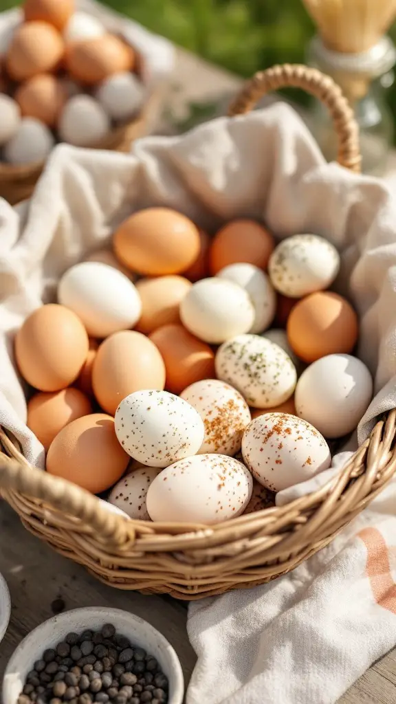 A basket of hard-boiled eggs with different seasonings sprinkled on them.