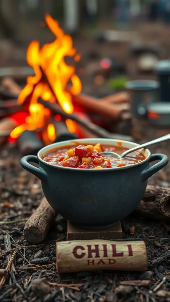 A pot of hearty chili on a campsite, surrounded by a warm fire.