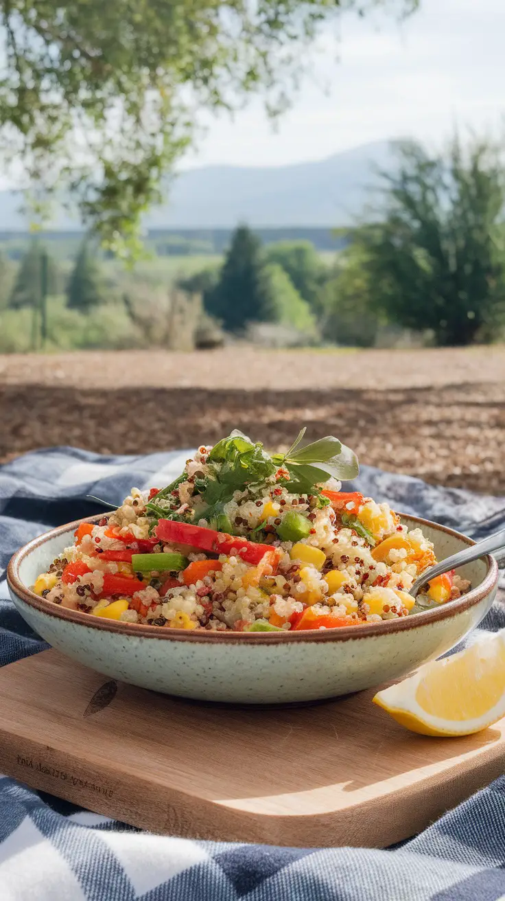 A bowl of colorful vegetable and quinoa pilaf garnished with parsley