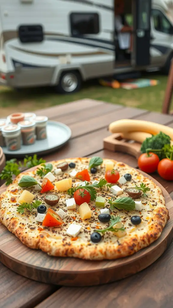 A delicious herbed flatbread pizza topped with fresh vegetables and herbs, set on a wooden table outside an RV.