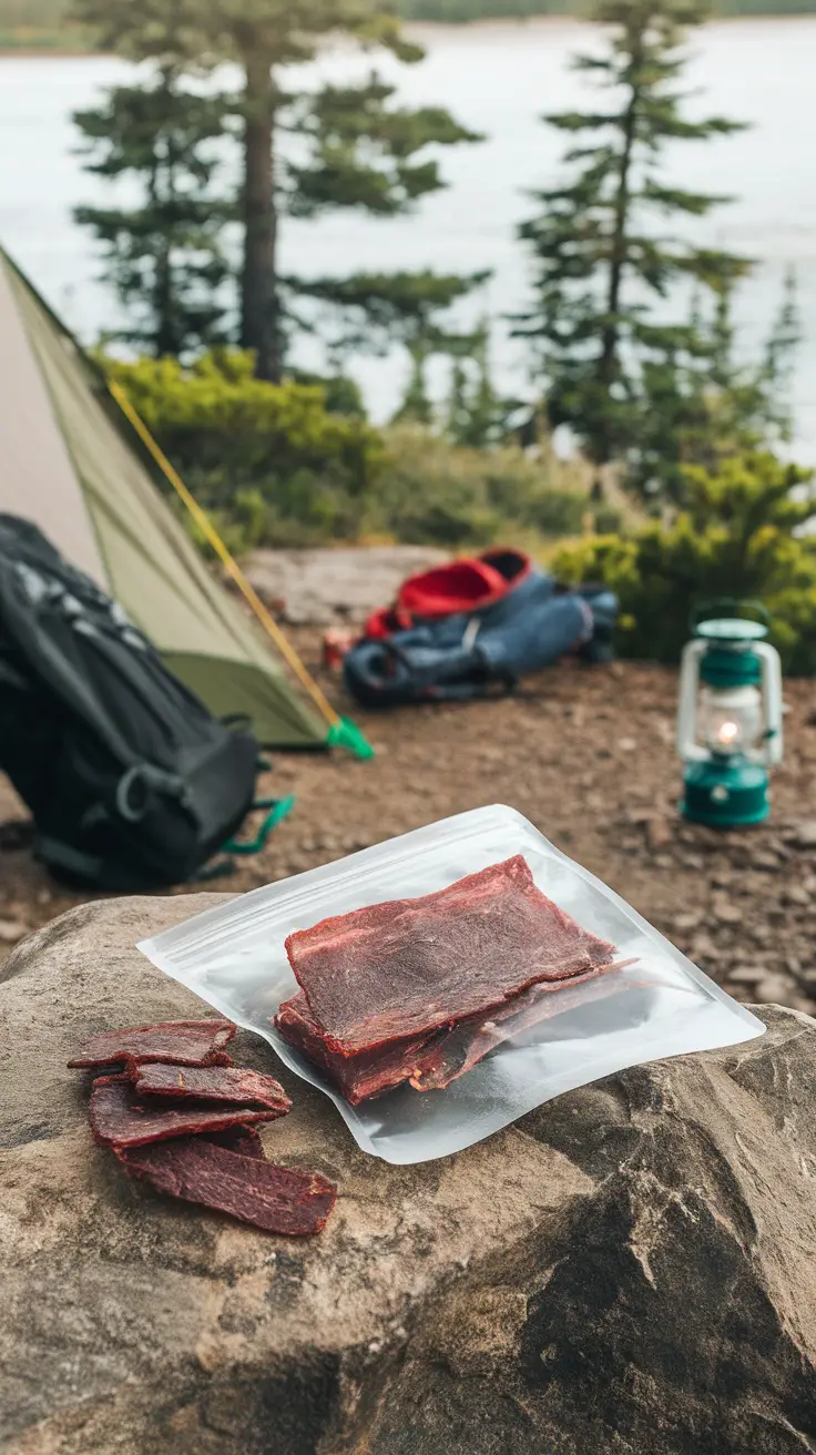 Homemade beef jerky, ready for camping.