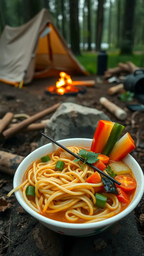 Bowl of instant noodles with vegetables, surrounded by a camping scene.