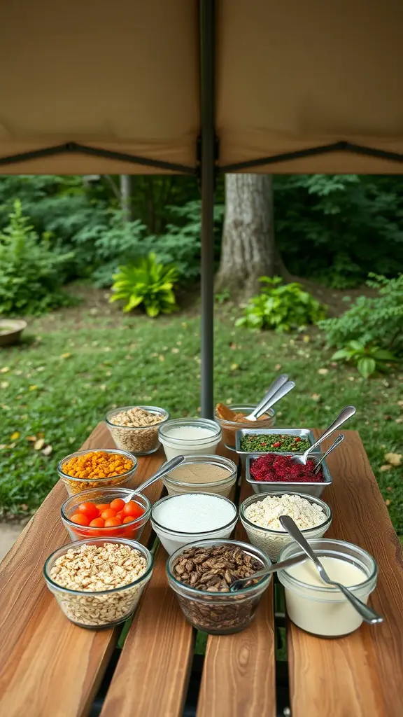 A selection of ingredients for an instant oatmeal bar setup outdoors.