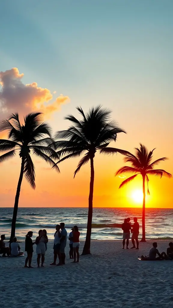 A beautiful sunset over the ocean in Key West, with palm trees and people enjoying the beach.