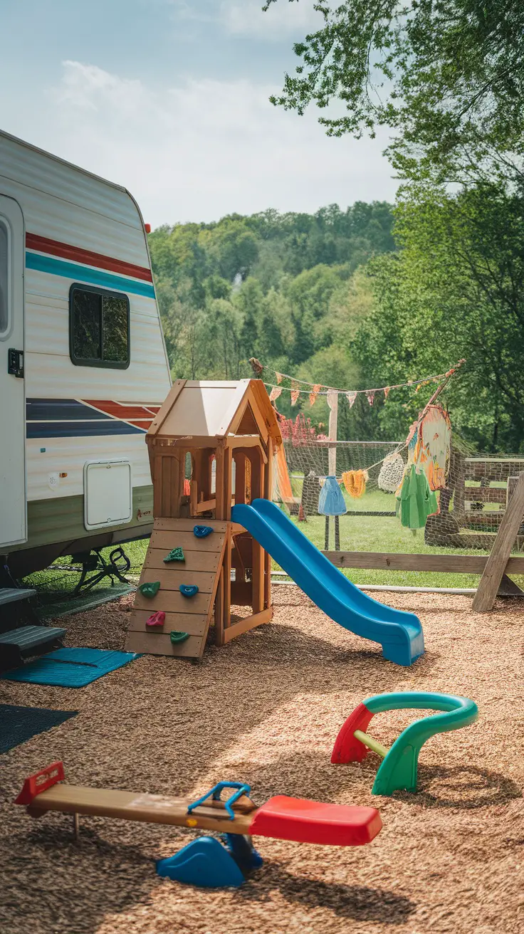 A colorful kids' play zone with a slide, climbing frame, and seating surrounded by greenery.