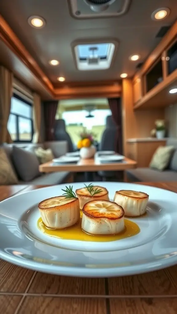 A plate of lemon garlic butter scallops with rosemary, set in a cozy RV interior.