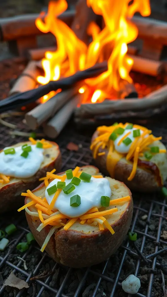 Loaded baked potatoes with cheese, sour cream, and green onions next to a campfire.