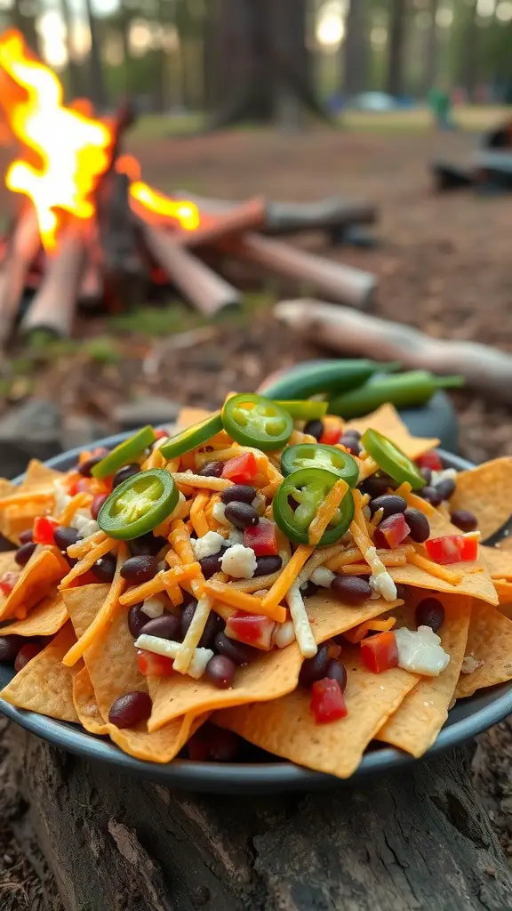 A plate of loaded nachos with cheese, beans, and various toppings, perfect for camping.