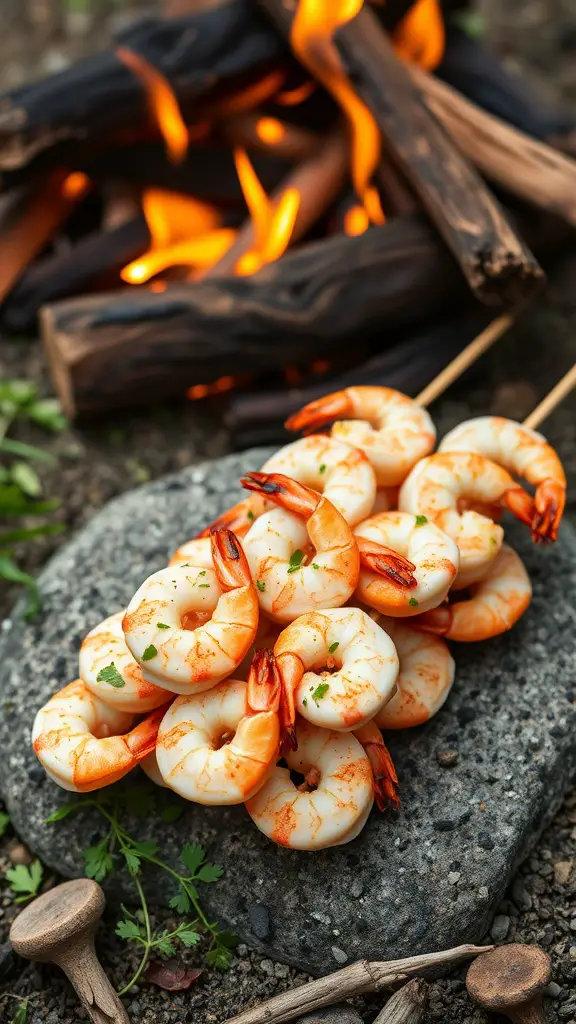 Delicious marinated shrimp skewers ready for grilling outdoors.