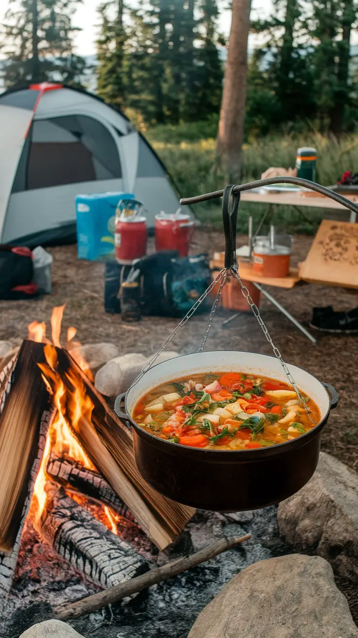 A steaming pot of minestrone soup over a campfire, surrounded by trees and camping gear.