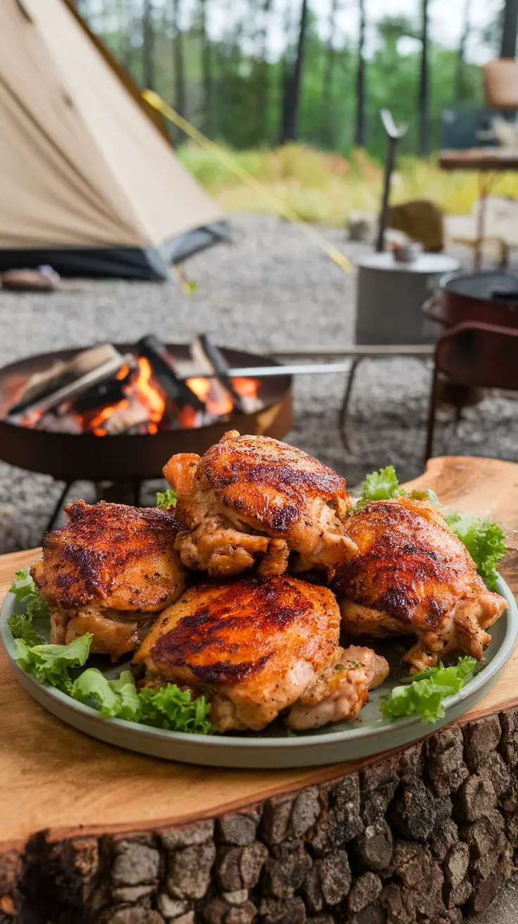 BBQ chicken thighs served on a plate with a campfire in the background